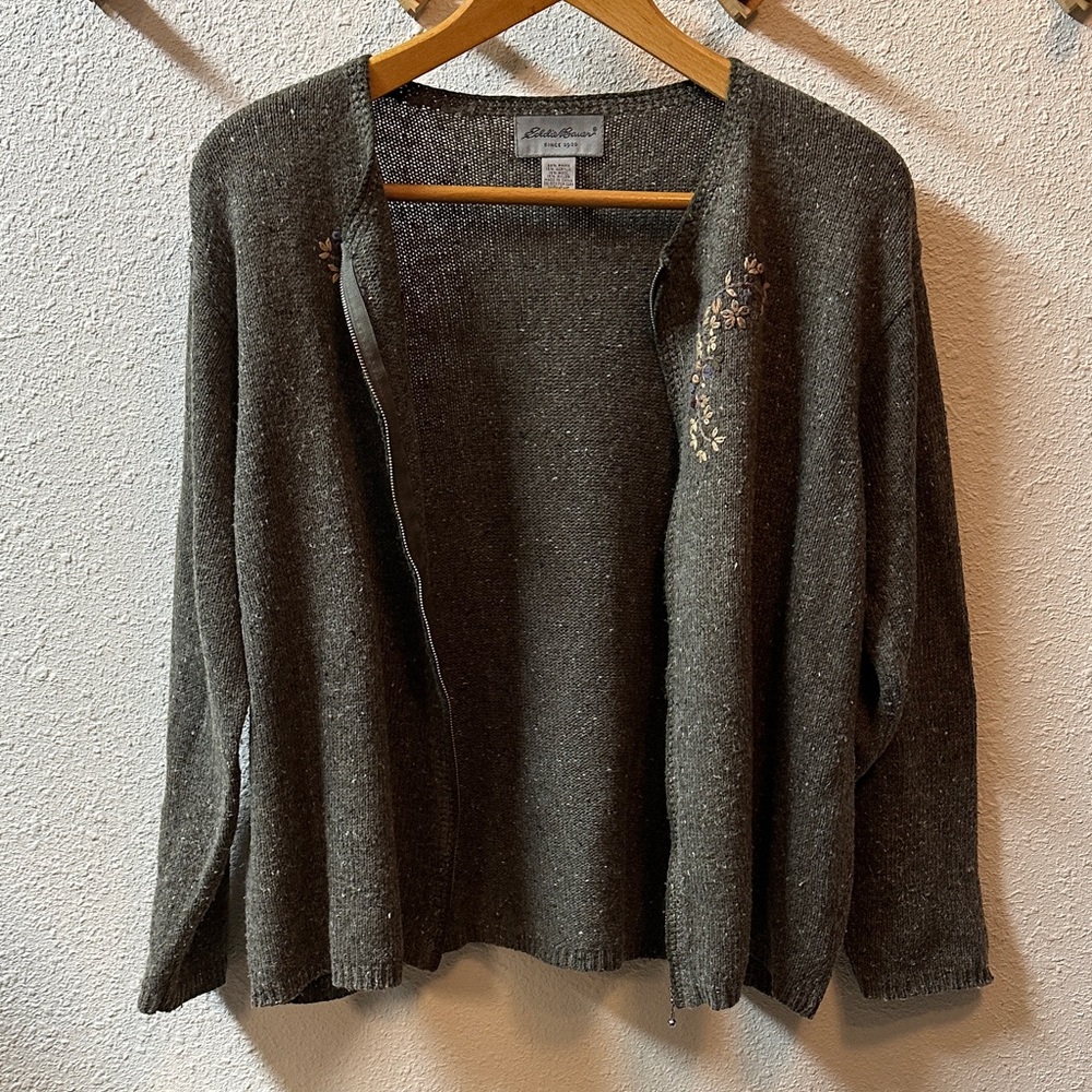 Eddie Bauer Wool blend Hand knit & embroidered full zip sweater Woman’s XL - Picture 9 of 12